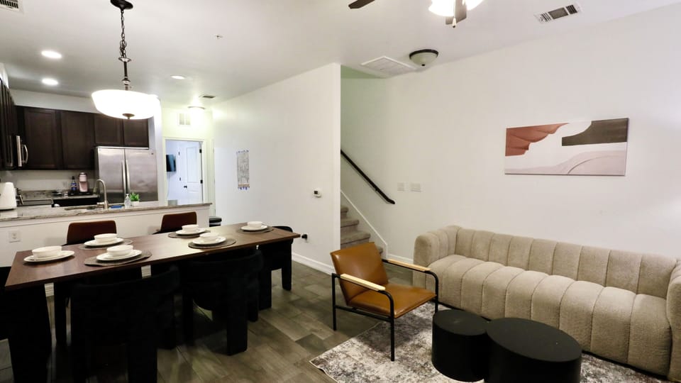 Modern open living area with dining for 6 and stylish full kitchen