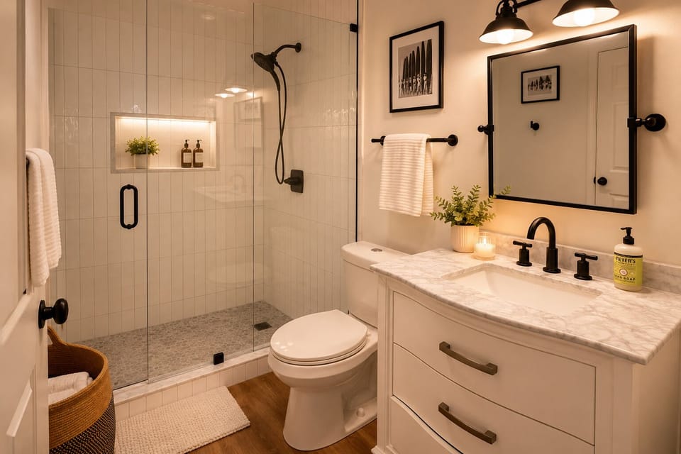 Spa-like bathroom with walk-in glass shower and elegant marble vanity