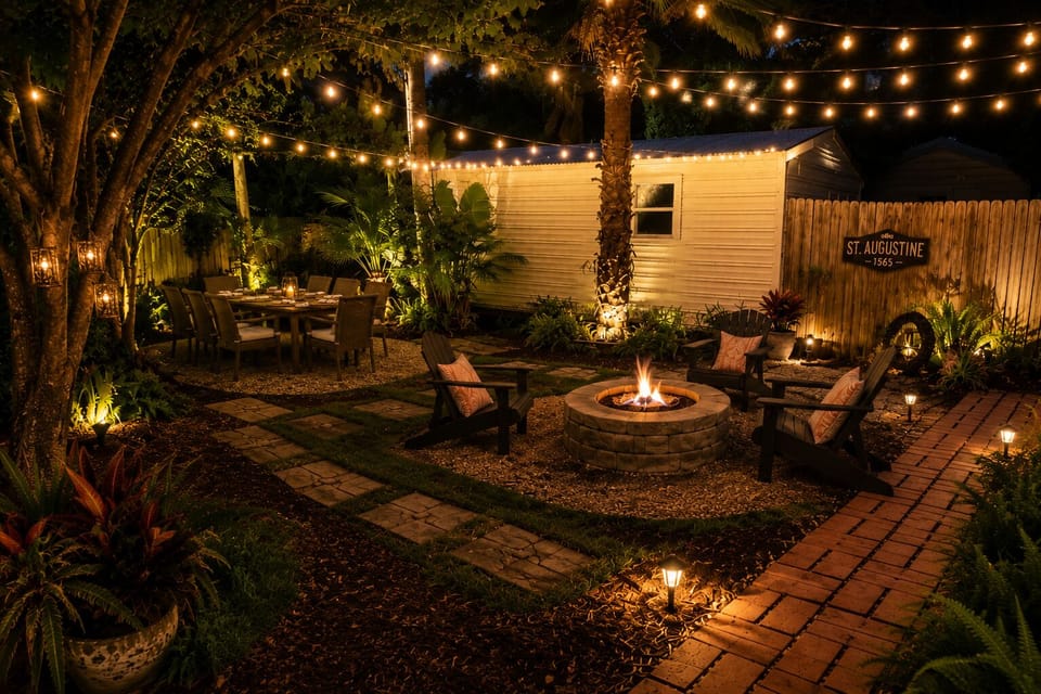Cozy backyard oasis with string lights, fire pit, and outdoor dining