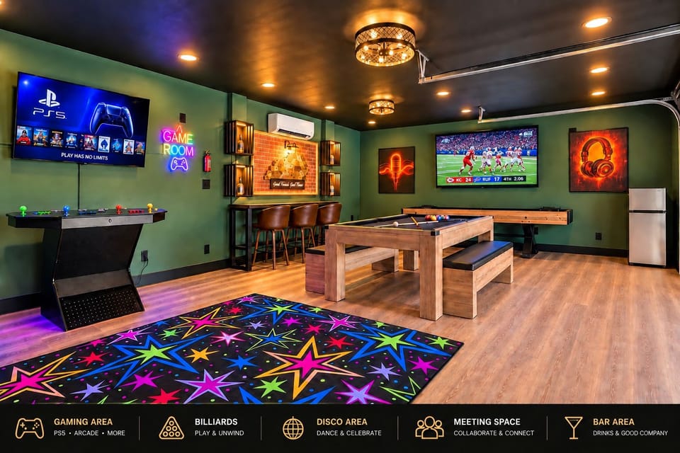 One room, endless possibilities!!! This oversized multifunction space easily transforms from game room to conference space, disco,  karaoke room, and much more.