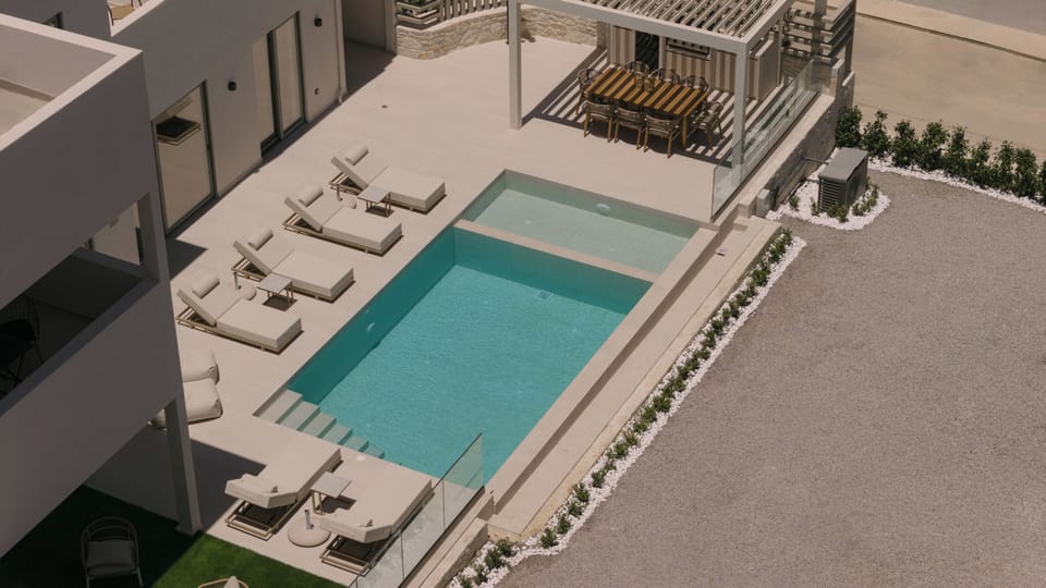 Outdoor lounges invite unforgettable moments under Mediterranean blue skies.