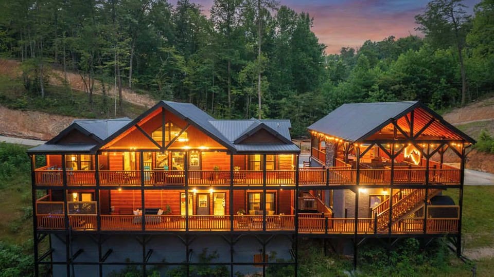 Spacious mountain lodge with glowing decks and a private forest setting