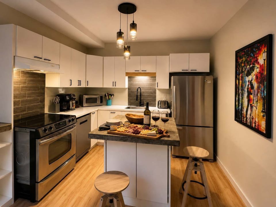 Préparez vos repas en toute simplicité dans une cuisine moderne entièrement équipée, avec un îlot central parfait pour cuisiner, partager un apéritif ou commencer la journée autour d'un café.