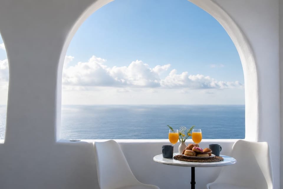 Apollonas - Peaceful dining spot framed by an arched window overlooking the Aegean Sea.