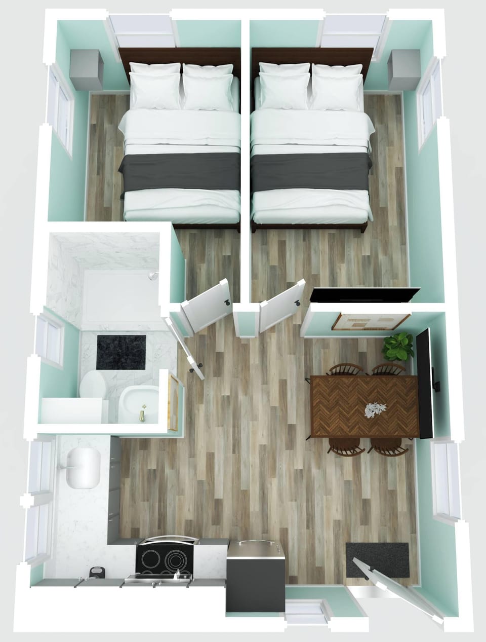 Smart layout with 2 private sleeping areas, kitchenette, bath, and dining space
