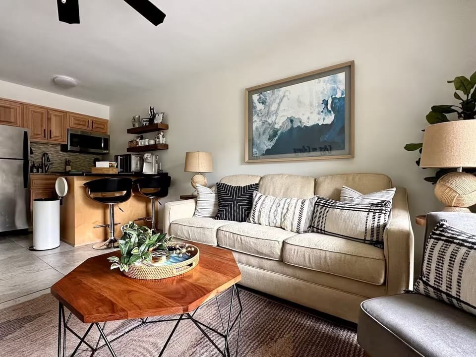 Your cozy living room and kitchen