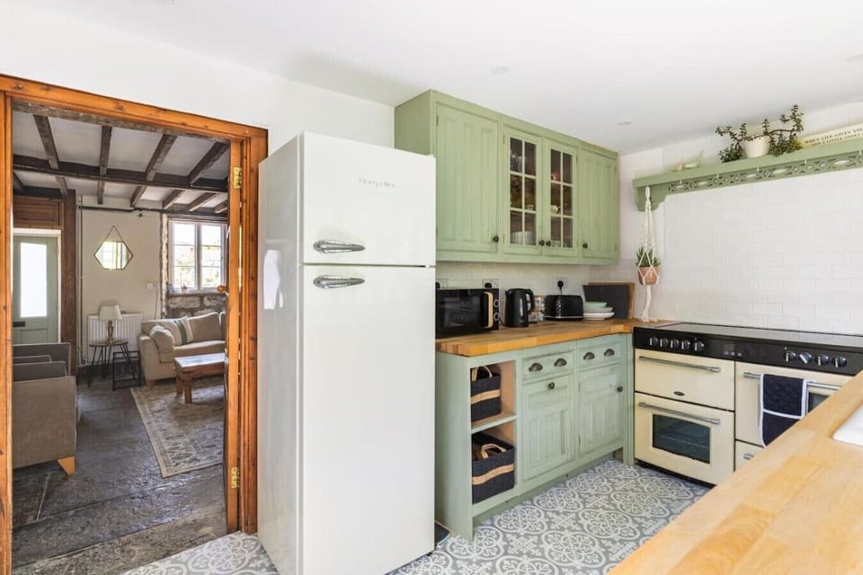 Charming green kitchen with retro fridge opening to the lounge