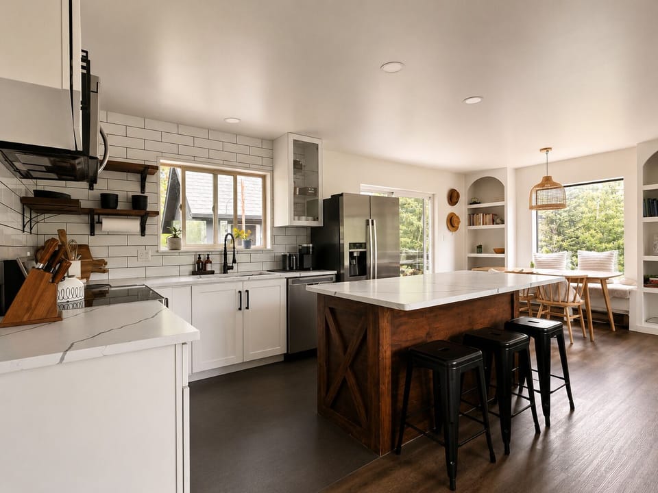 Bright modern kitchen with large island, bar seating, and sunny breakfast nook
