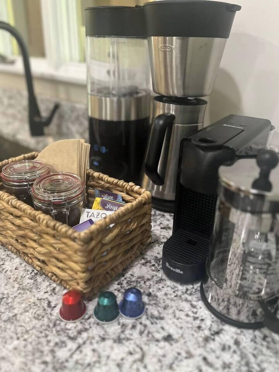 Coffee addicts, we've got you covered.  Drip, Nespresso, french press and a Bodum grinder are available.  We have some teas on hand as well!