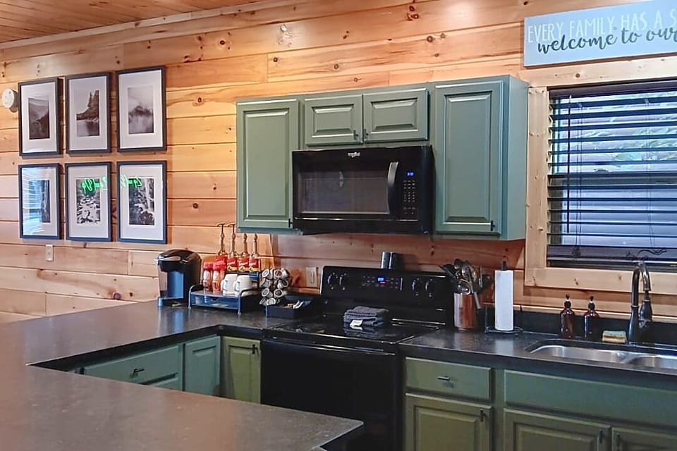 Cozy cabin kitchen with coffee station and spacious counters