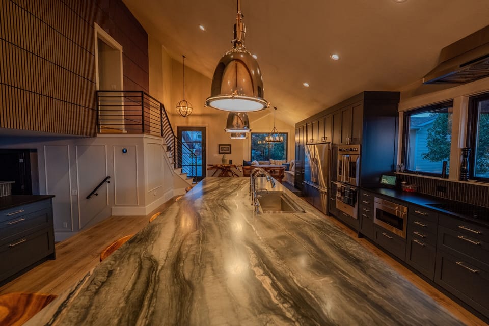 The showpiece kitchen centers around an extraordinary 14-by-5-foot island.