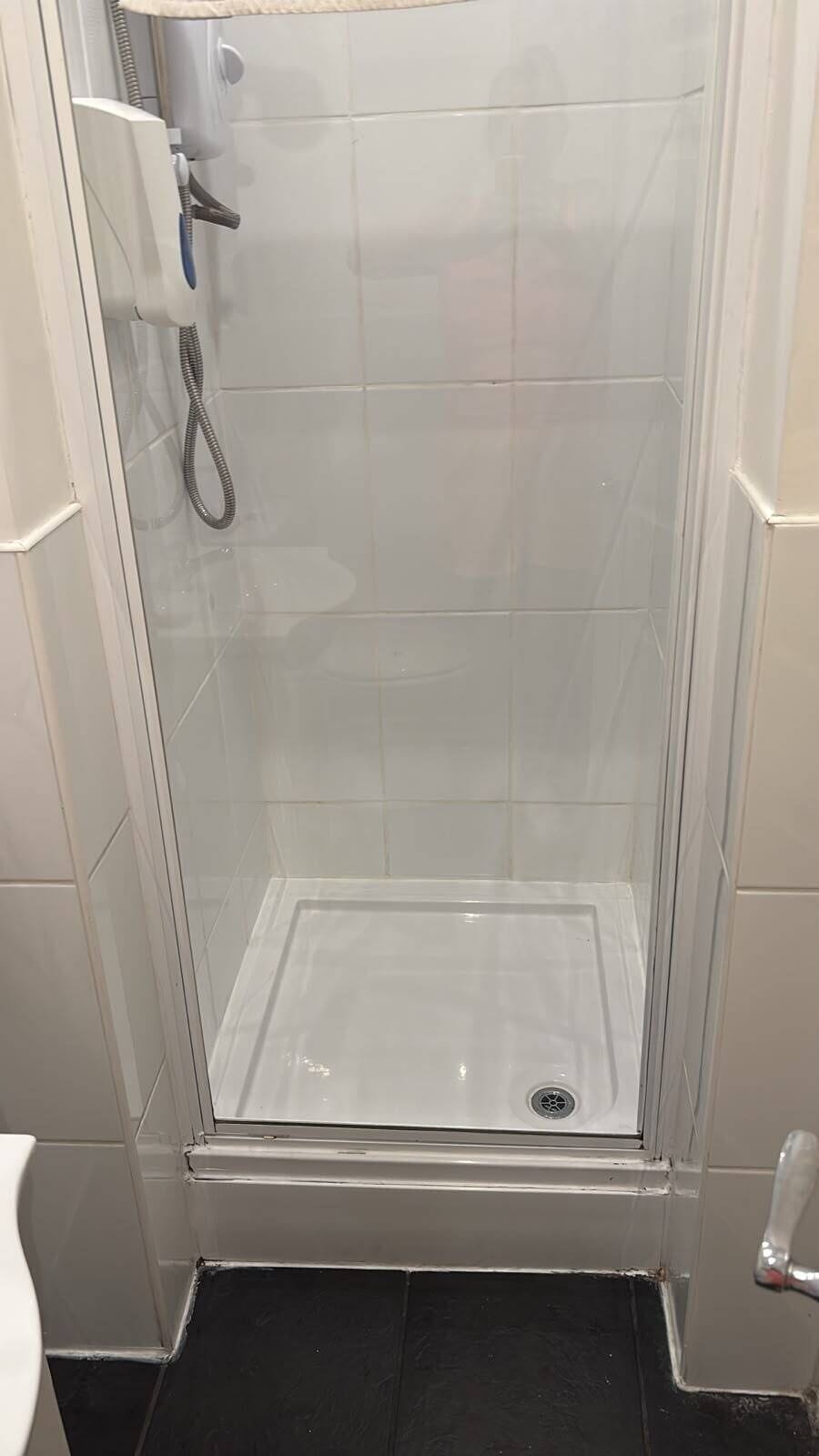 Bright, clean walk-in shower with sleek glass enclosure