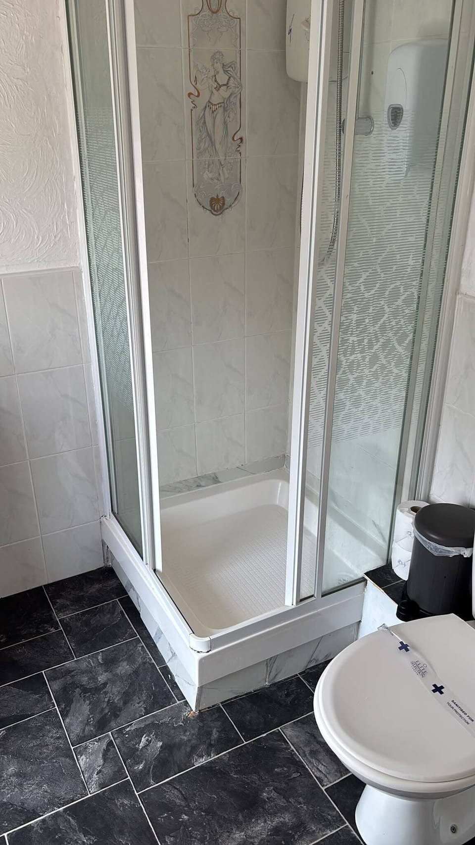 Bright bathroom with private glass shower and sleek dark tile flooring