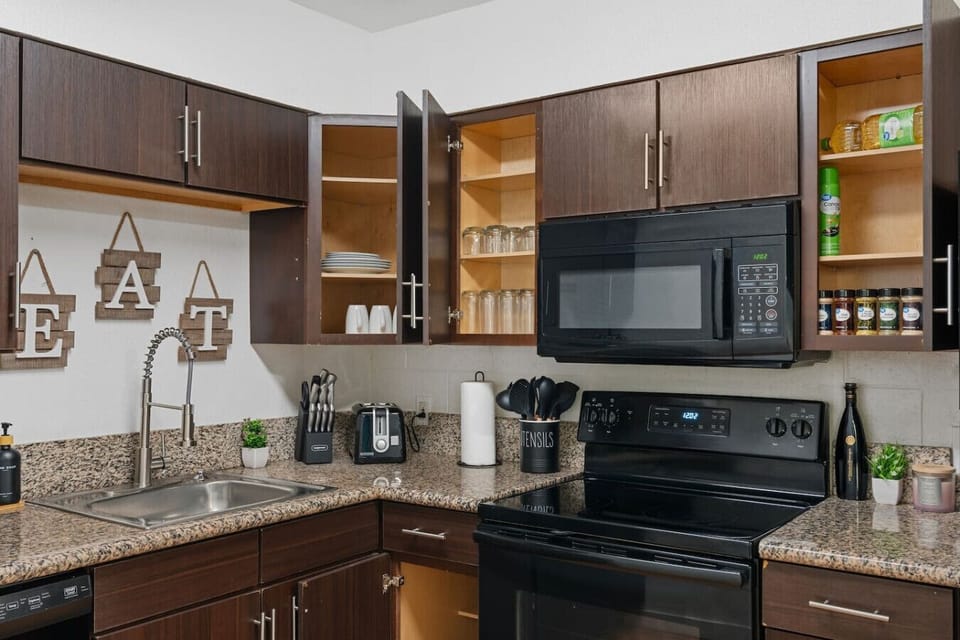 Fully equipped kitchen for home-cooked meals away from home.