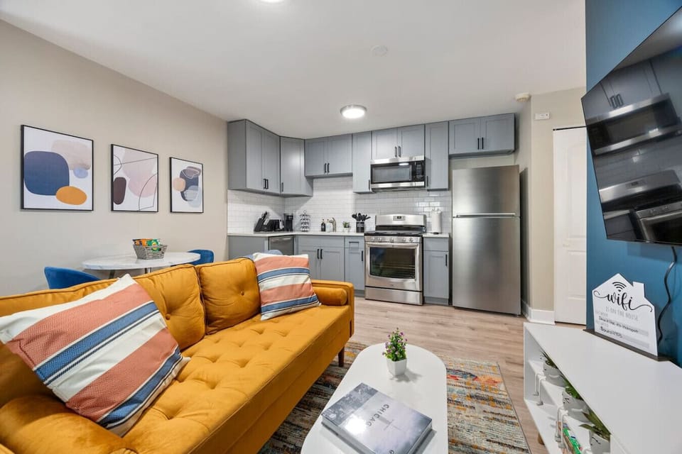 Open plan area with kitchen and living room.