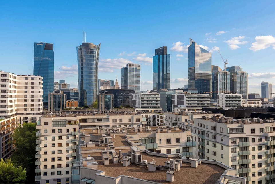 A stunning city skyline with modern high rise buildings. Admire the impressive urban panorama from above.