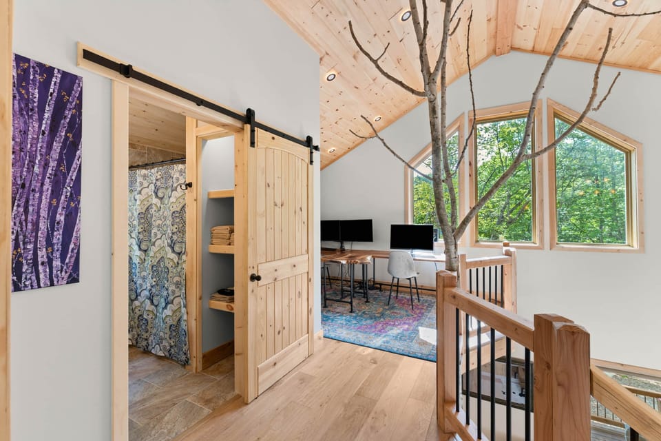 Second floor loft office with custom made live-edge desk