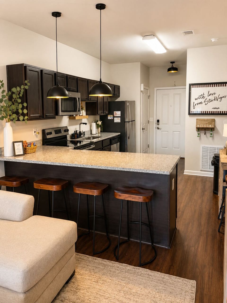 Our fully stocked kitchen has everything you need to cook or reheat meals.  
