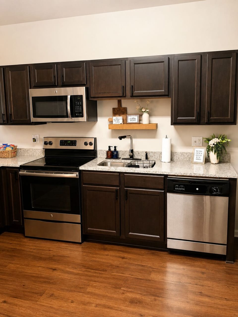 Our fully stocked kitchen has everything you need to cook or reheat meals.  
