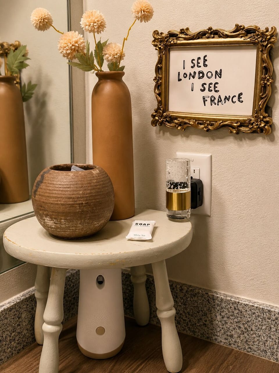 The bathroom includes plush towels, shampoo, conditioner, body wash, hand soap. 