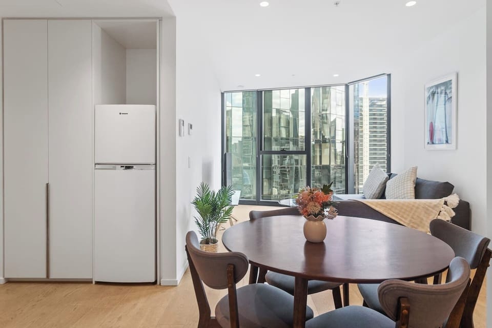 Dining table with seating for shared meals.