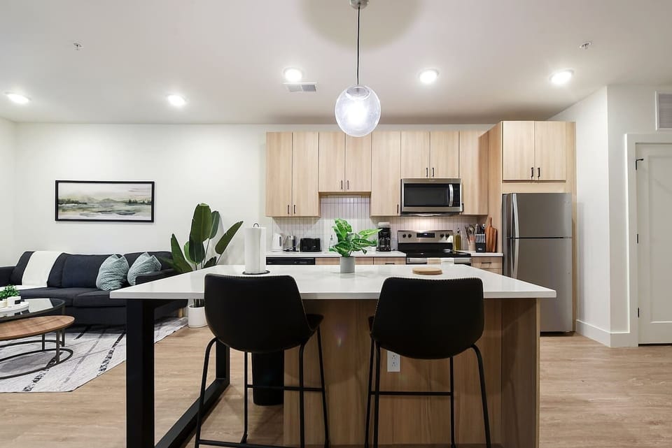 Stylish kitchen with island seating, perfect for dining and relaxing