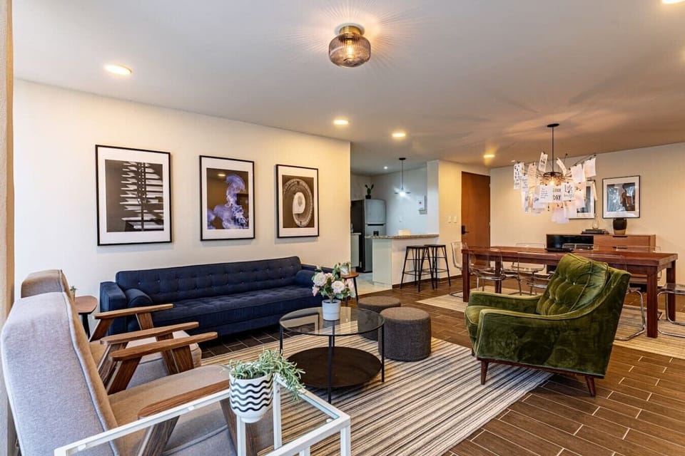 Spacious open-concept living and dining area with comfortable seating.