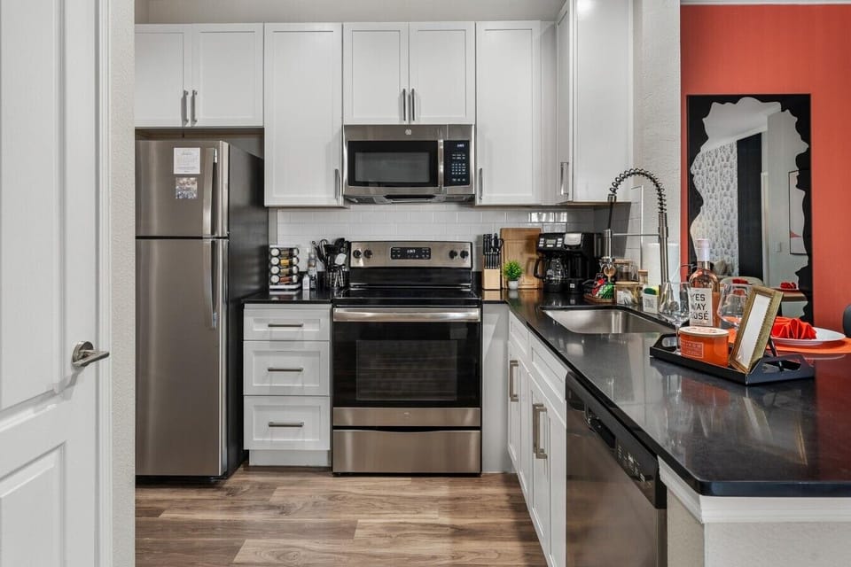A fully stocked chef’s kitchen ready for everything from morning coffee to family dinners.