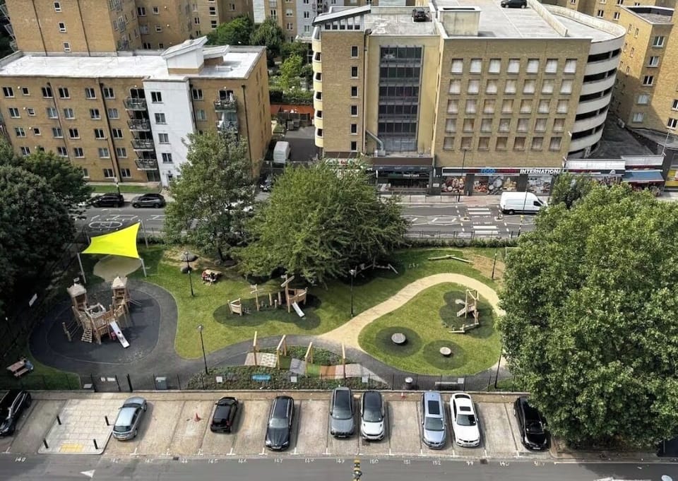 Elevated view over the playground and surrounding residential area