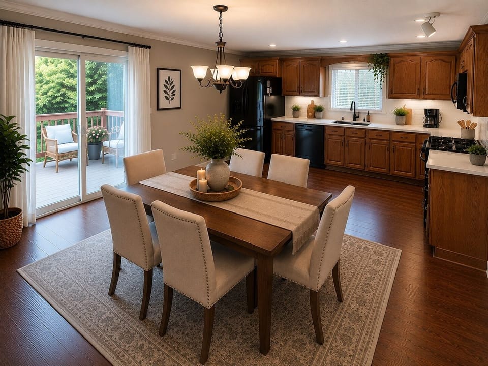 Elegant dining area seamlessly connected to a spacious kitchen.