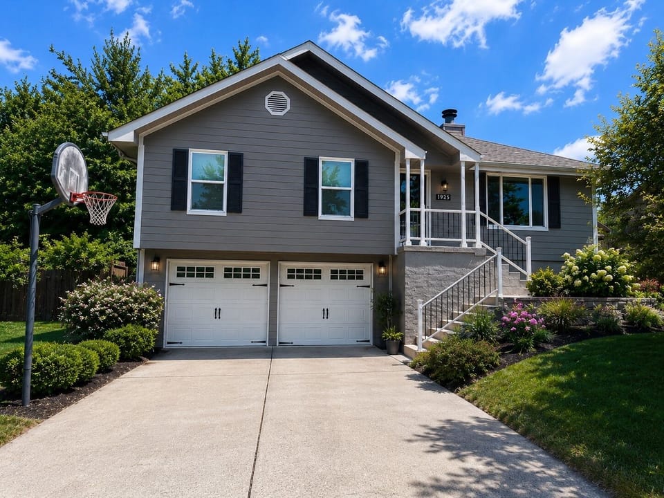 Elegant front exterior with lush landscaping and welcoming curb appeal.