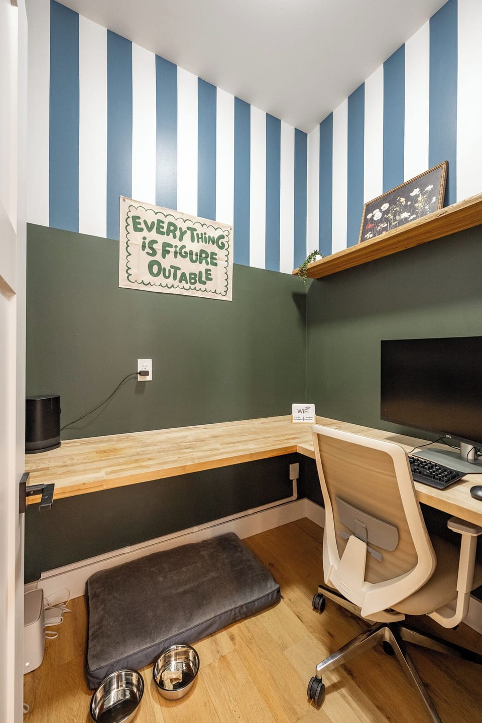 Stylish work-from-home nook with butcher-block desk and bold designer walls