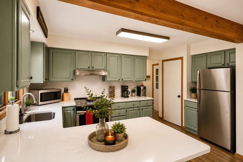 Coffee/tea maker, fridge, microwave, oven