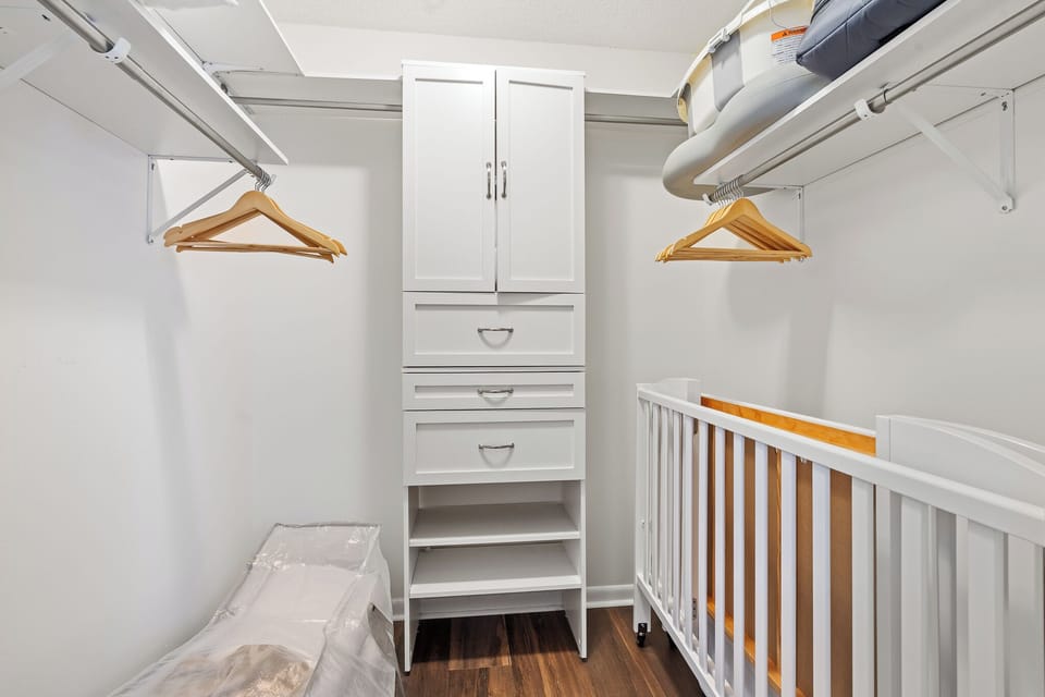 Family-friendly touches include a crib and extra storage.