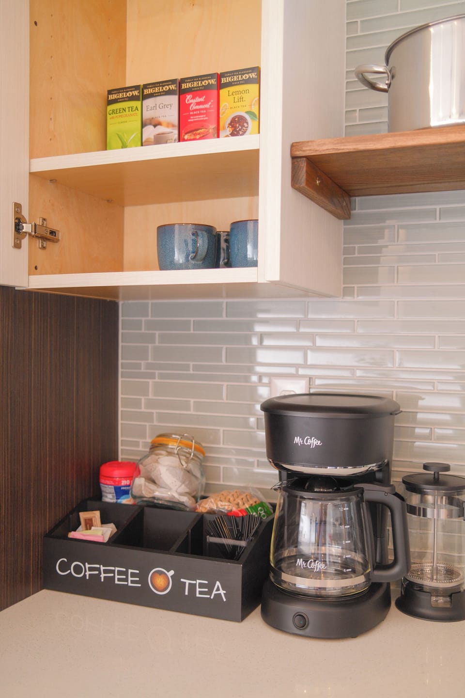 Coffee & tea bar — drip coffee + French press, ground coffee & teas provided