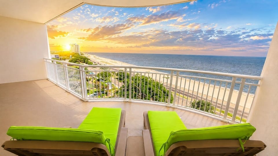 Expansive Beachfront Balcony at Sunrise - Plenty of outdoor space to enjoy sunrise coffee or sunset cocktails.