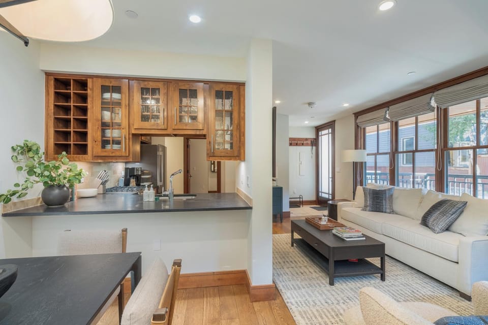 Looking from the dining area to the living