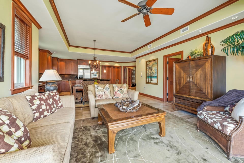 Relax on plush seating under a vaulted ceiling.