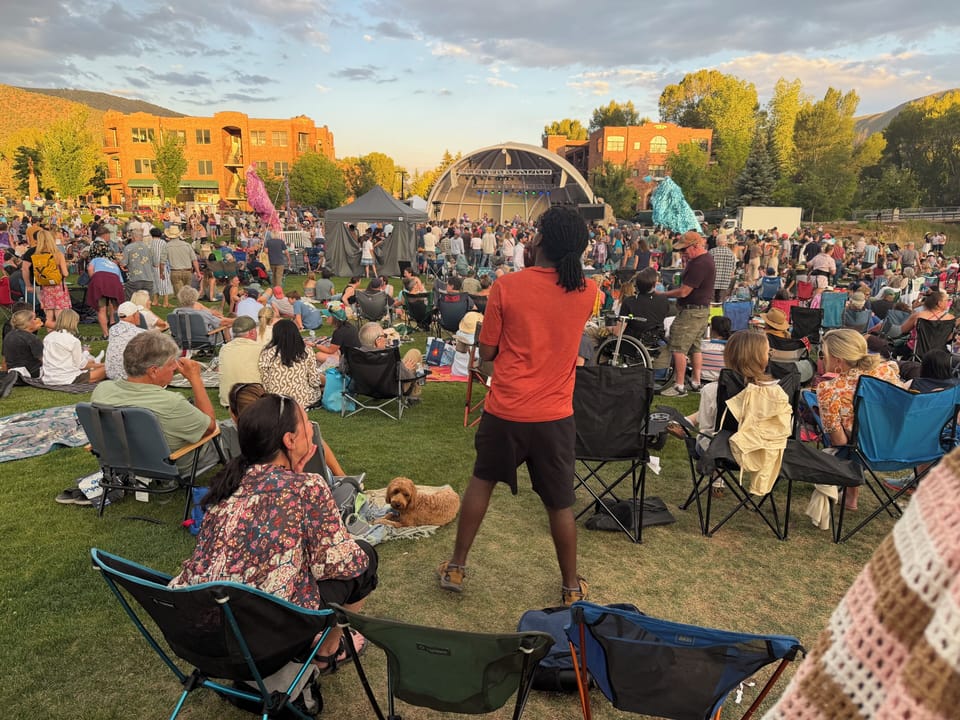 Enjoy live music under open mountain skies in riverside Basalt community park.