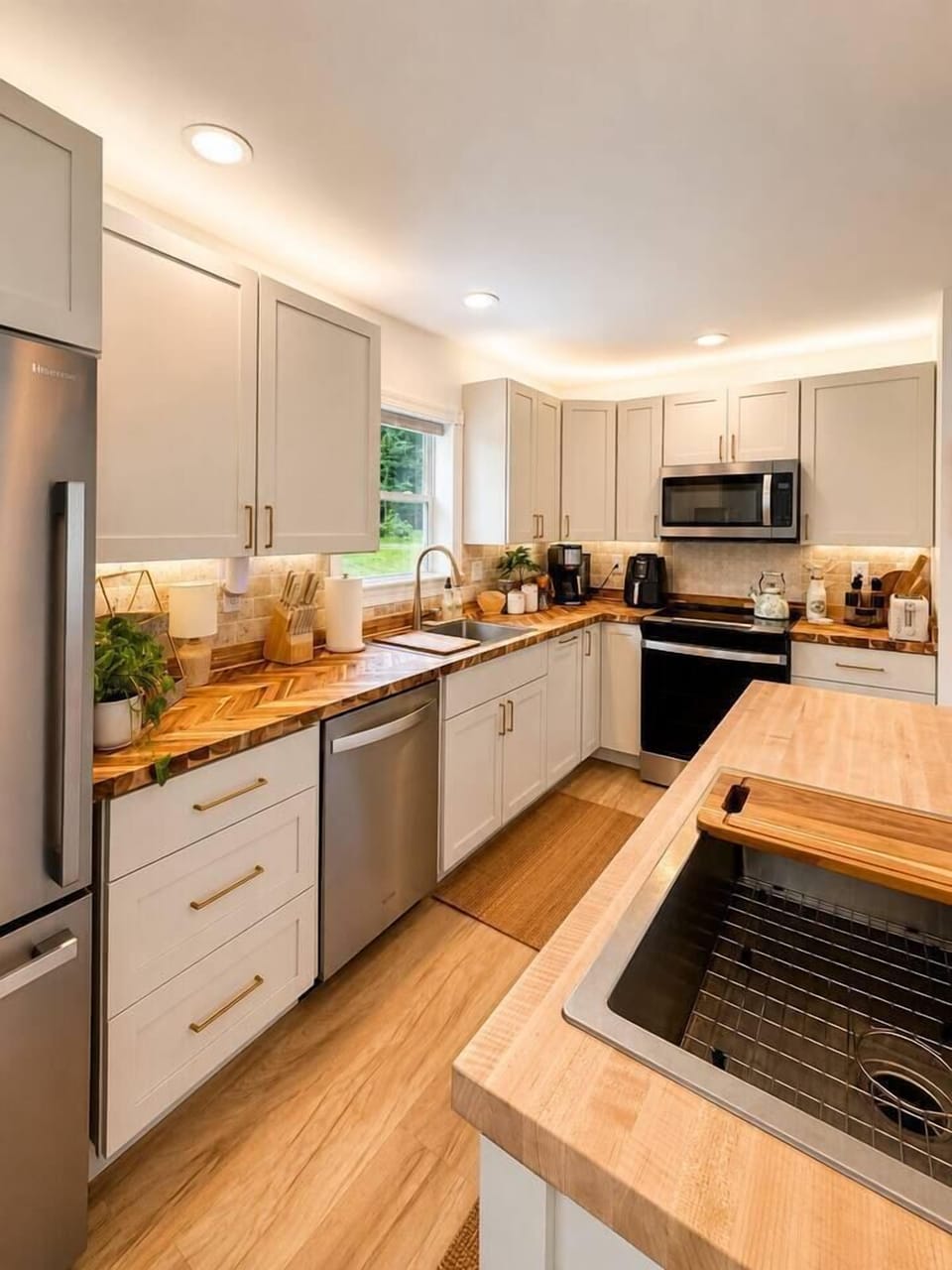 Fully stocked kitchen with induction range, two sinks and coffee/tea bar