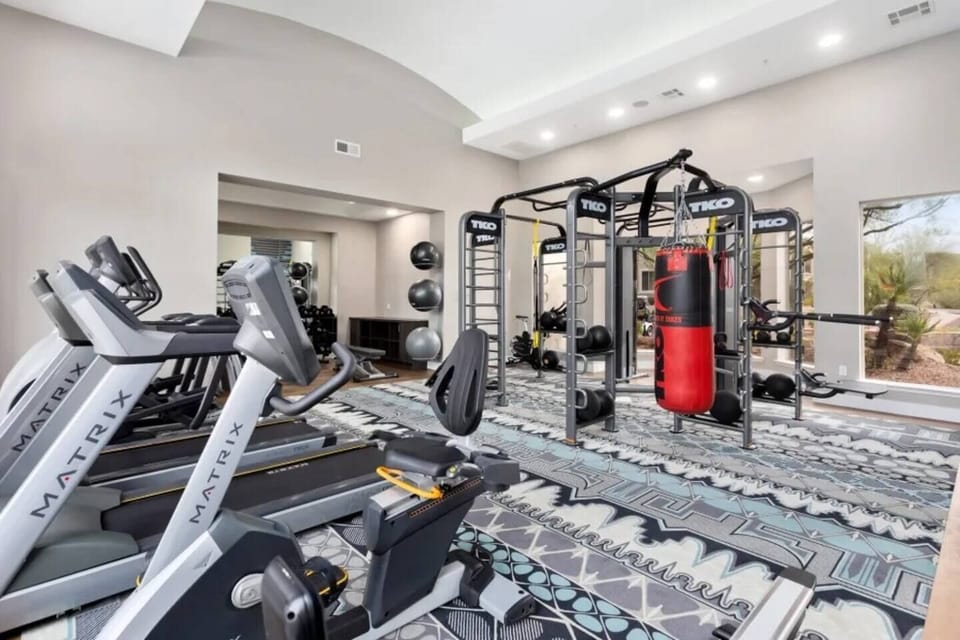 Bright modern gym with cardio, strength equipment, and punching bag