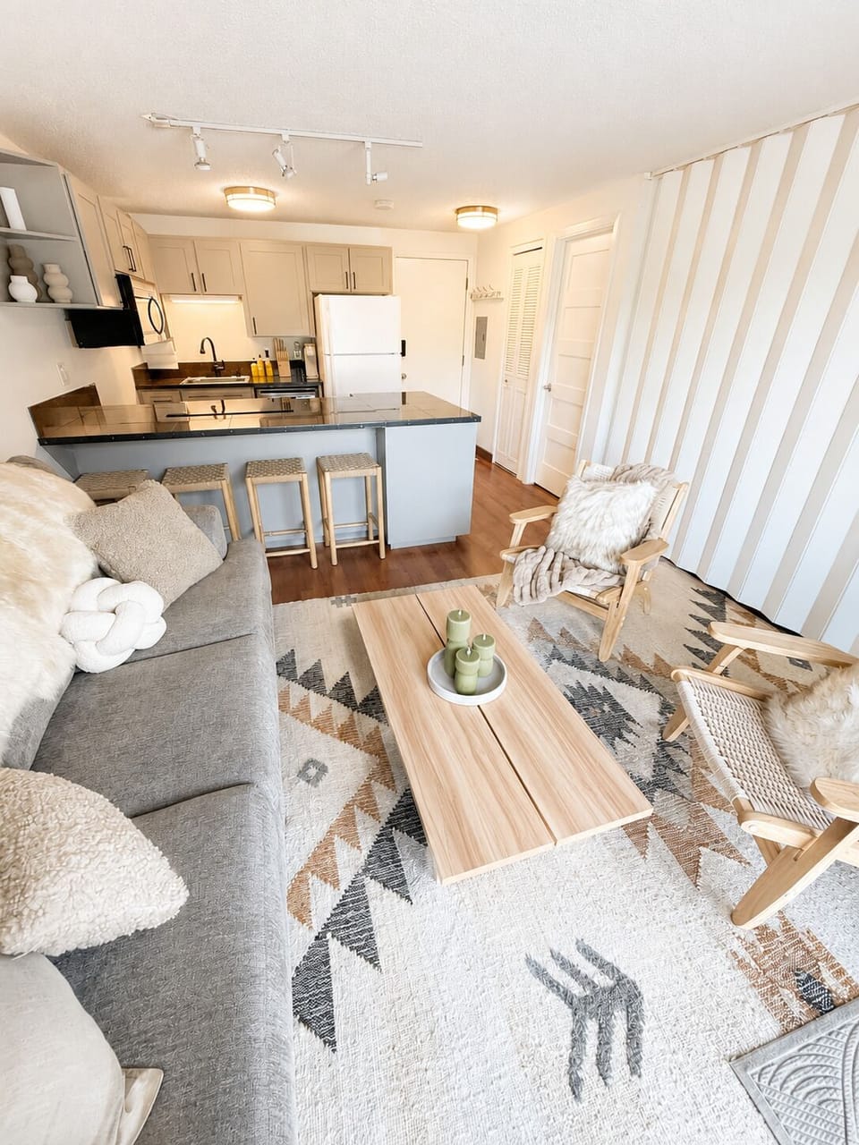 Accordion door can be closed to separate bunk beds from living space.