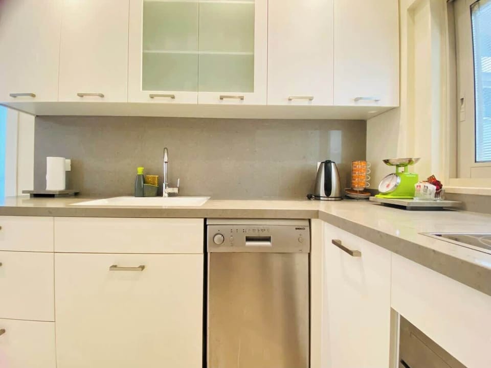 Equipped kitchen. Dishwasher, stove, oven, microwave. 