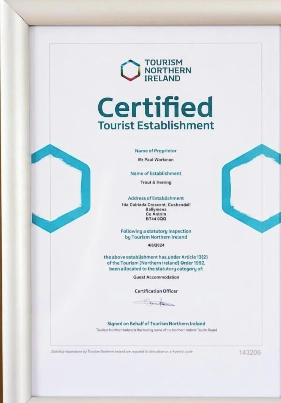 Certified Tourist Establishment by Tourism Northern Ireland.