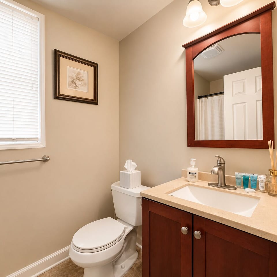 Bright, clean bathroom with warm finishes and thoughtful guest amenities
