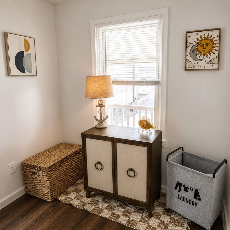 Bright, cozy corner with stylish storage and convenient laundry hamper