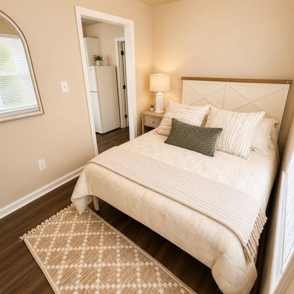 Cozy neutral bedroom with soft linens, warm lighting, and stylish finishes