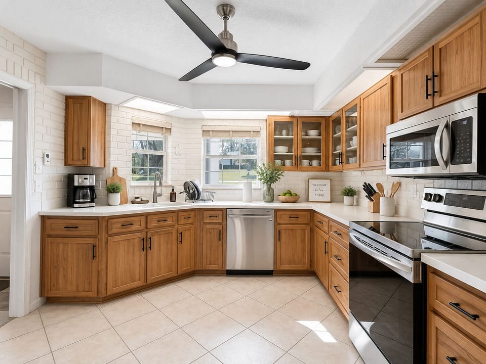 Bright, spacious kitchen with stainless appliances and abundant natural light