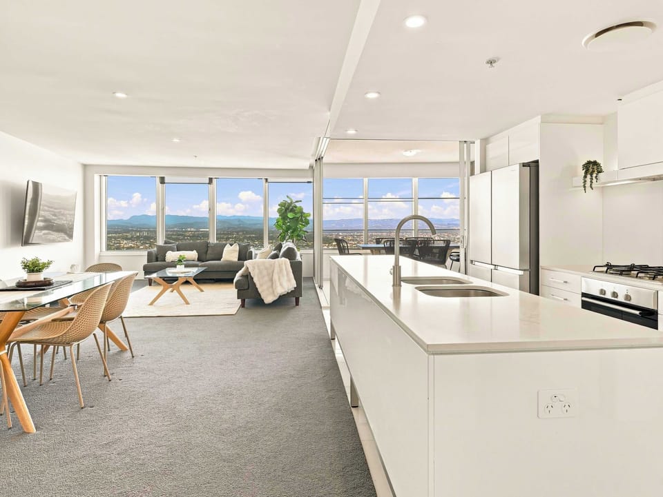 Spacious open-plan kitchen, dining and living area designed for easy stays