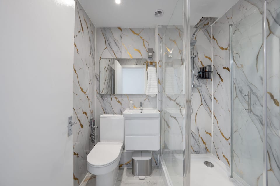 Toilet, Sink and walking-in Shower